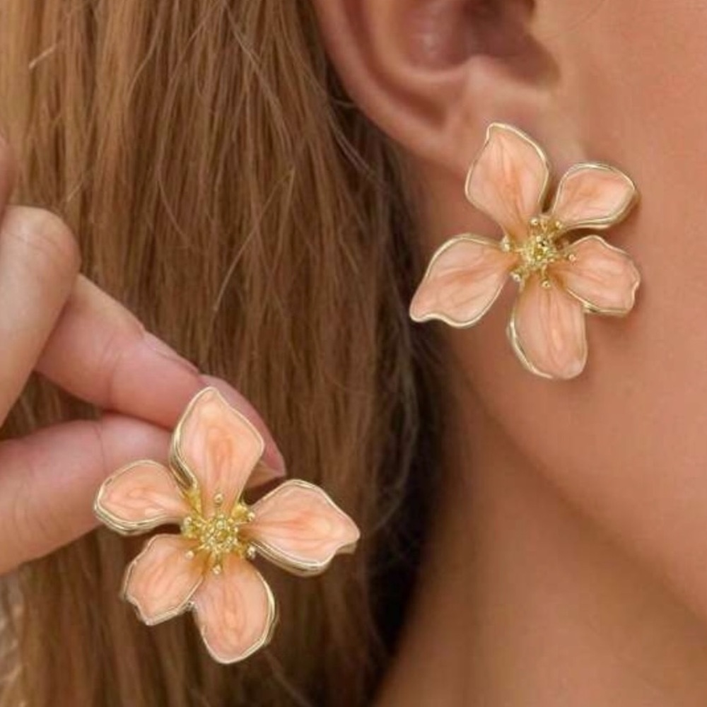Hand Painted Peach And Gold Flower Earrings